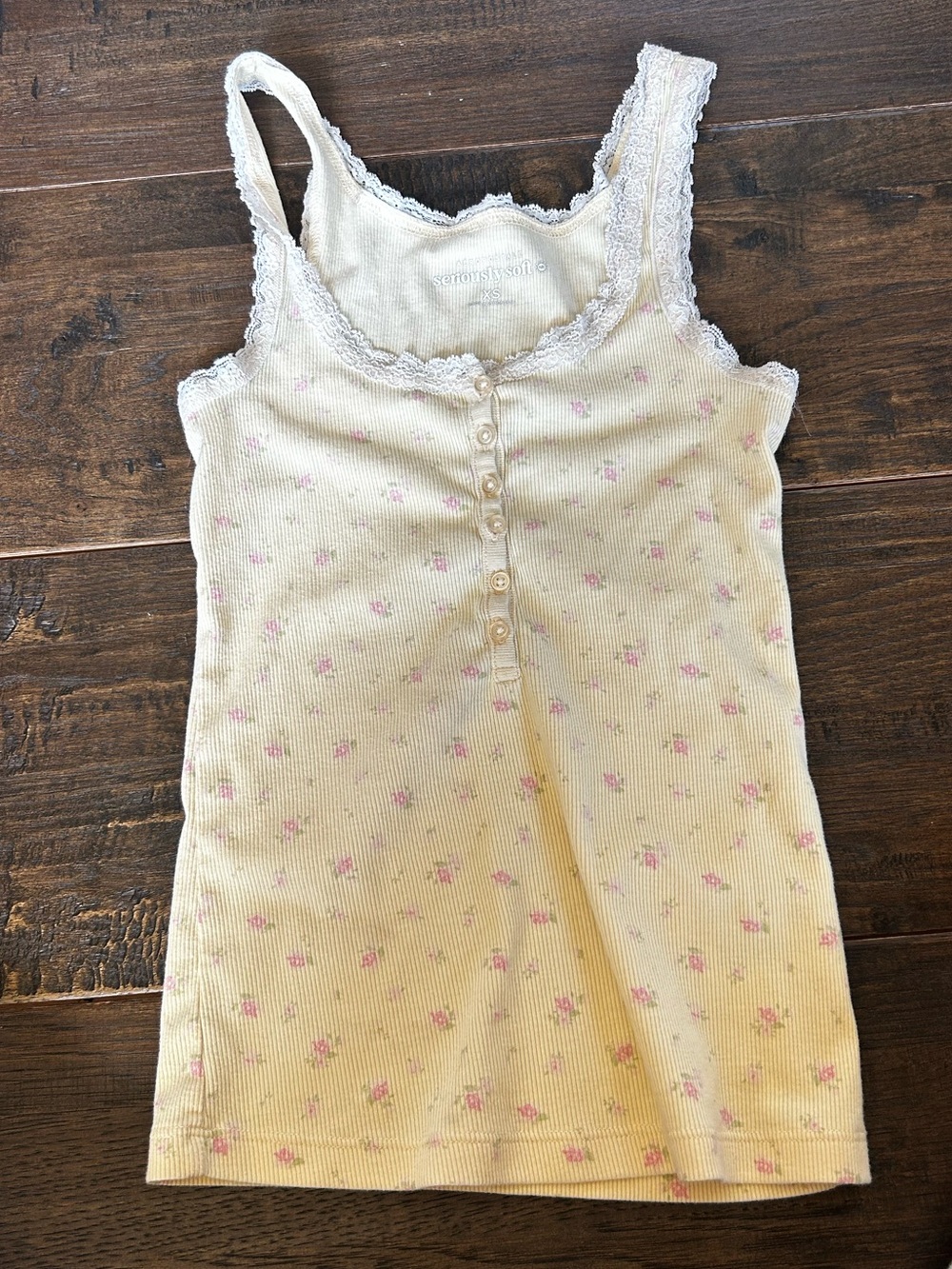 Aeropostale Light Yellow Ribbed Lace-Trim Tank with Pink Floral Accent